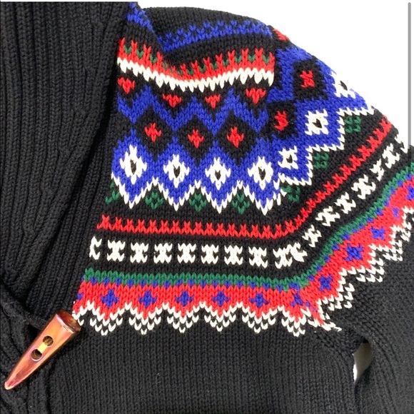 Lauren Ralph Lauren LRL Shawl Collar Fair Isle Sweater Faux Antler Toggle Medium - Picture 2 of 8
